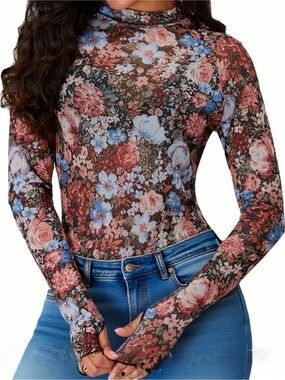 Jar of Love Floral Mesh Mock Neck Long Sleeve Top | Size Medium | NWOT